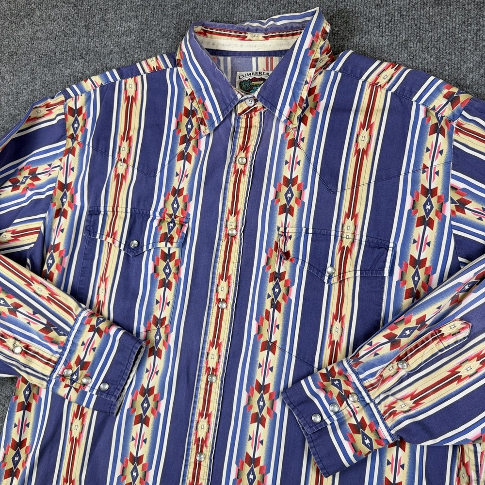 Vintage Cumberland Outfitters Western Shirt Mens XL Blue Aztec Pearl Snap